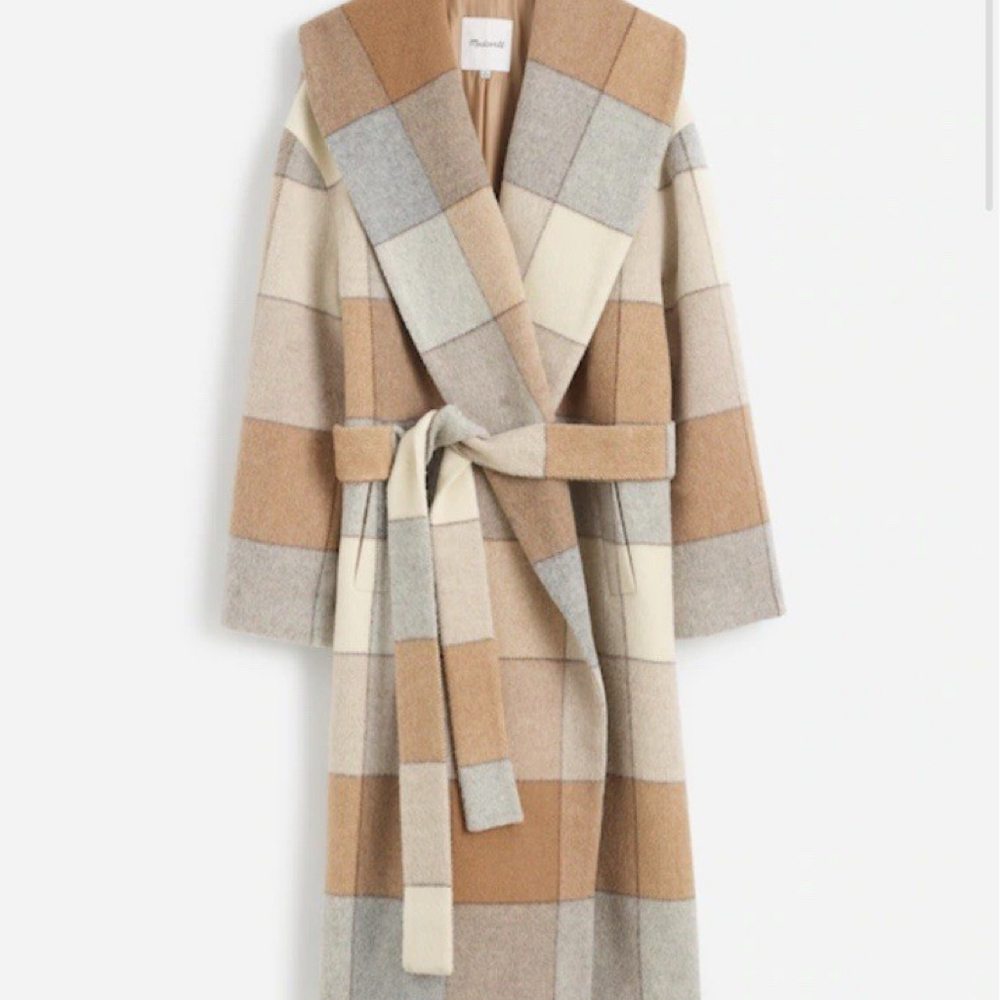 Madewell Plaid Belted Robe Coat in Soft Fawn, Size Small